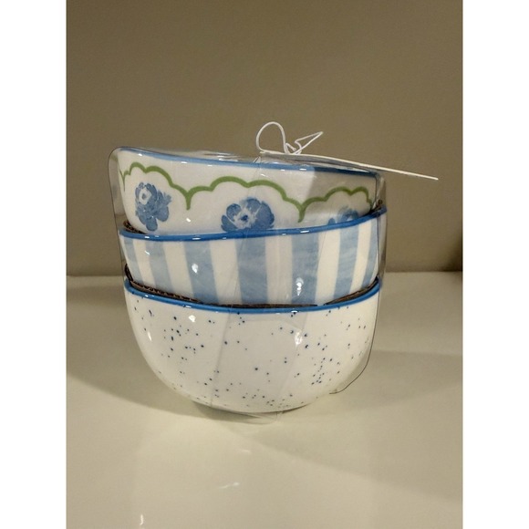 Prima Design Other - 3- Prima Design Hydrangea & Blue Stripes Ceramic Cereal Soup Bowl Set 5" NEW!